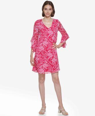 Women's Floral-Print Chiffon 3/4-Sleeve Dress Product Image