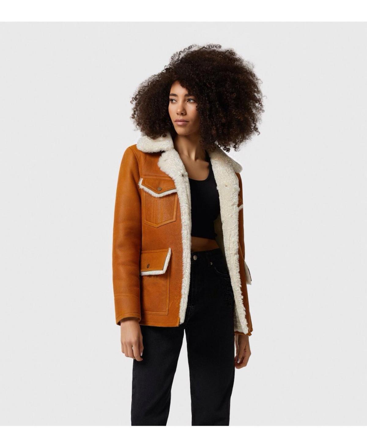 Women's Shearling Western Trucker Jacket, Washed Whiskey with White Wool Product Image