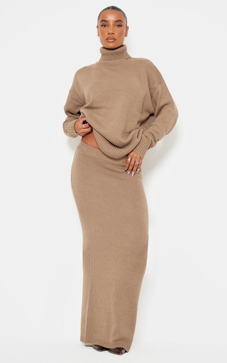 Light Mocha Soft Knit Roll Neck Oversized Sweater Product Image