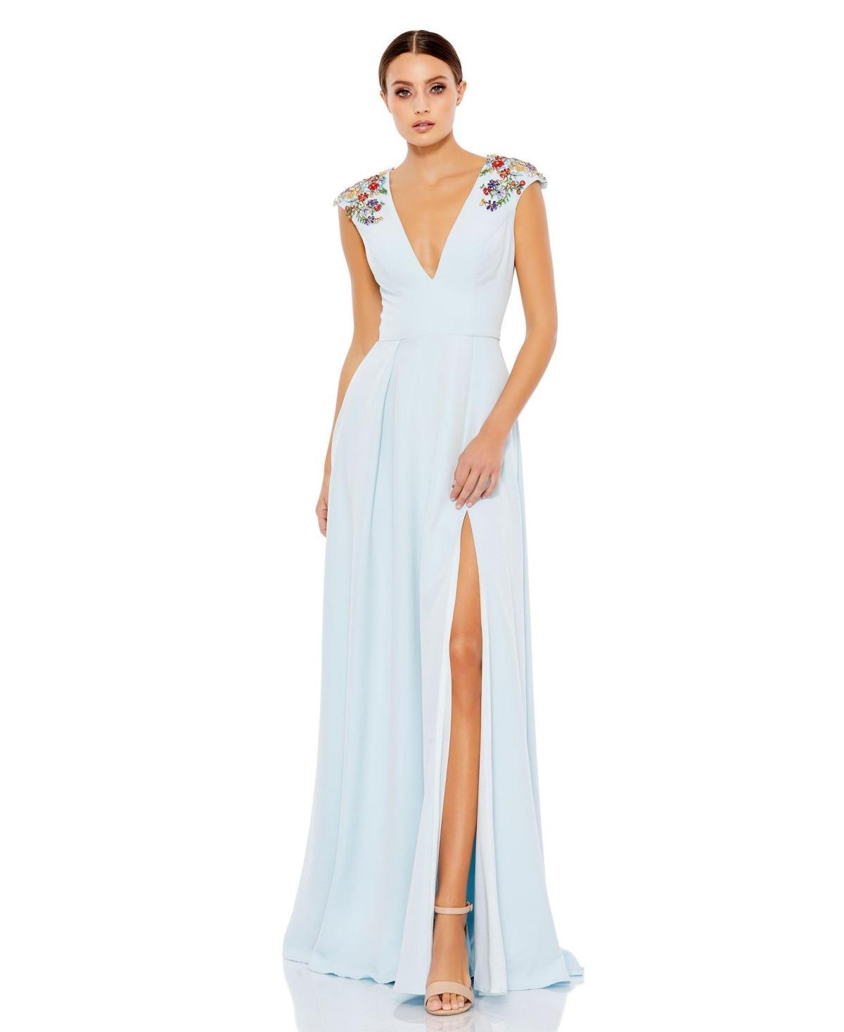 Womens Ieena Beaded Cap Sleeve V Neck A Line Gown Product Image