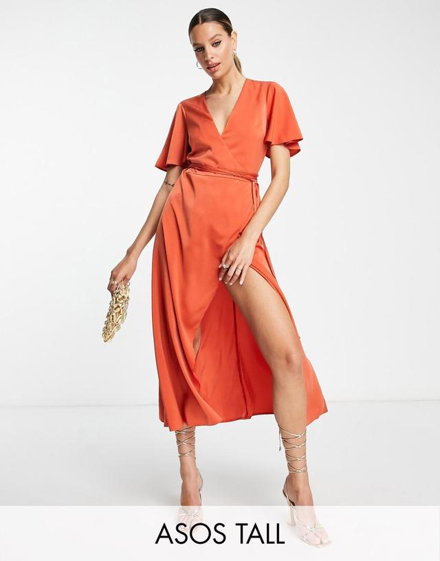 ASOS DESIGN Tall satin wrap midi dress with flutter sleeve and tie detail in rust Product Image