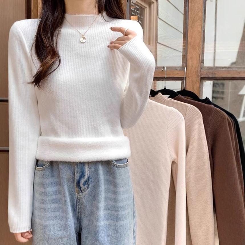 Long-Sleeve Mock Neck Fleece Lined Plain Knit Top Product Image