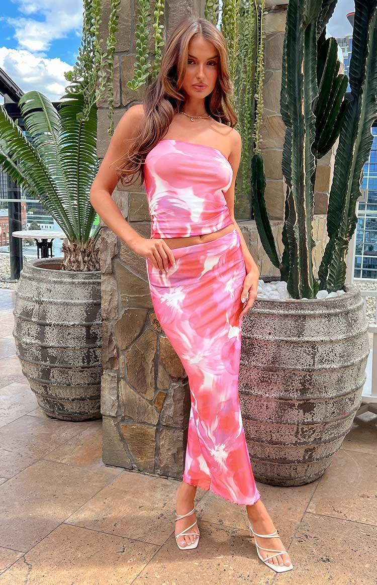 When In Rome Pink Floral Print Mesh Maxi Skirt Product Image