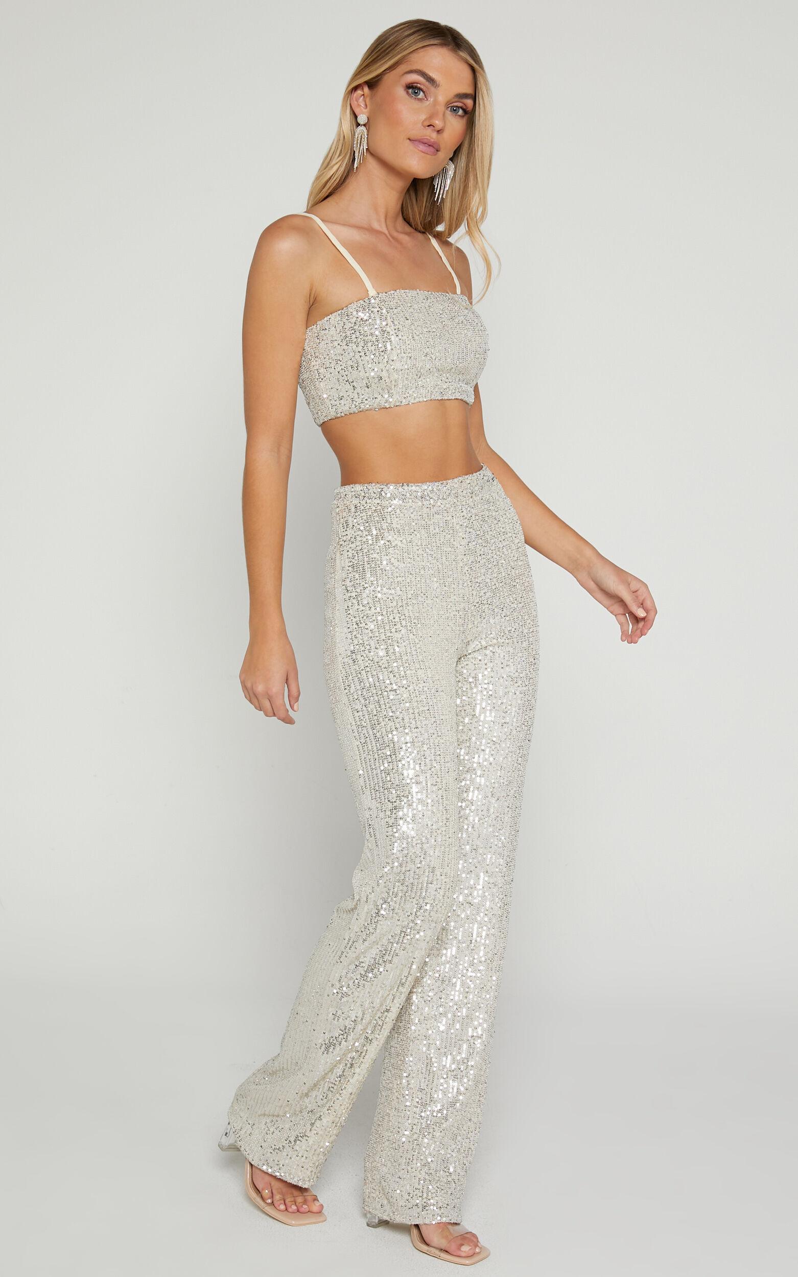 Imogen Two Piece Set - Bandeau Top and Straight Pants Set in Silver Sequin Product Image