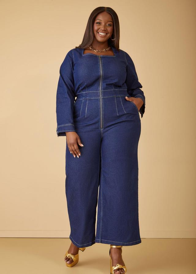 Plus Size Square Neck Wide Leg Denim Jumpsuit Ashley Stewart Product Image