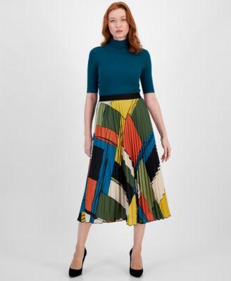 T Tahari Womens Turtleneck Printed Pleated Midi Skirt Product Image