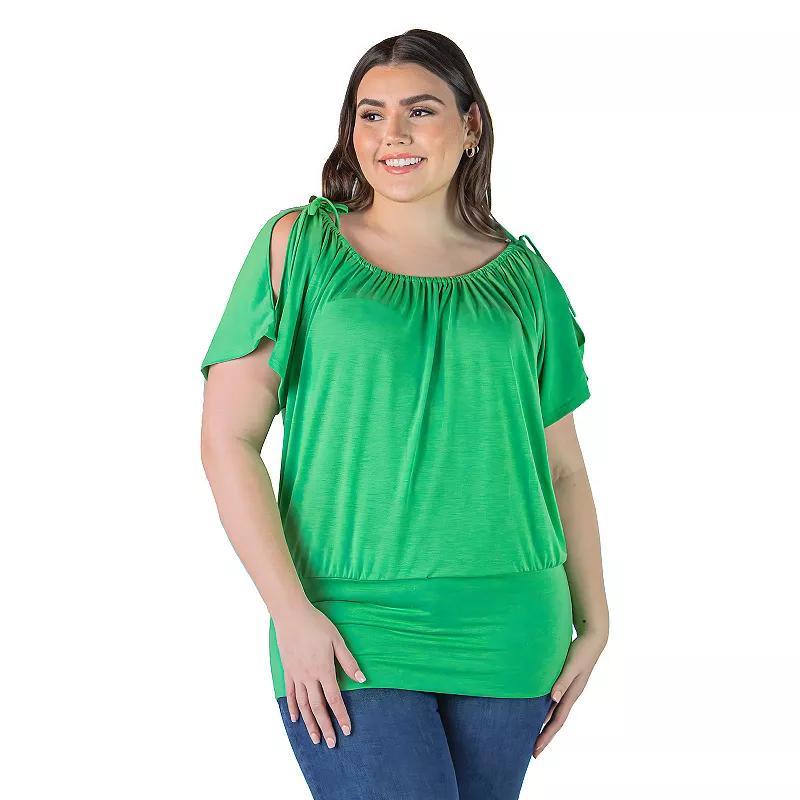 Plus Size 24seven Comfort Apparel Short Sleeve Split Shoulder Top, Womens Blue Product Image