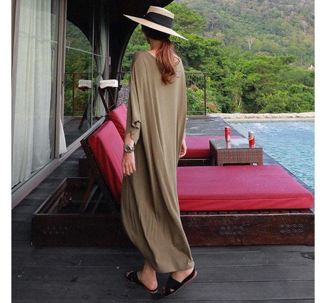 Bat Sleeve Scoop Neck Plain Midi Shift T-Shirt Dress Product Image