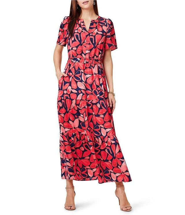 NIC + ZOE Happy Floral Daydream Floral Print Satin Chiffon Split V-Neck Short Sleeve Tiered Maxi A-Line Dress Product Image