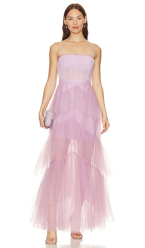 Womens Sheer Tiered Ruffle Gown Product Image