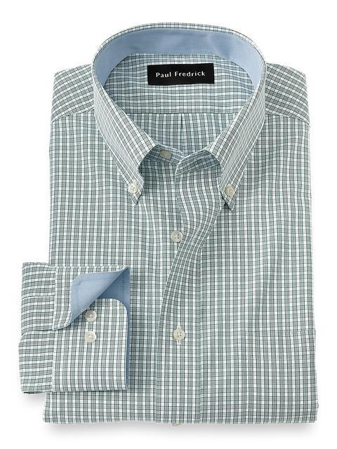 Non-Iron Cotton Plaid Dress Shirt With Contrast Trim - Green Product Image