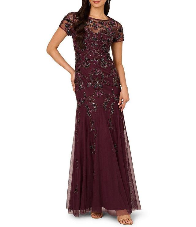 Adrianna Papell Beaded Mesh Illusion Boat Neck Short Sleeve Godet Gown Product Image