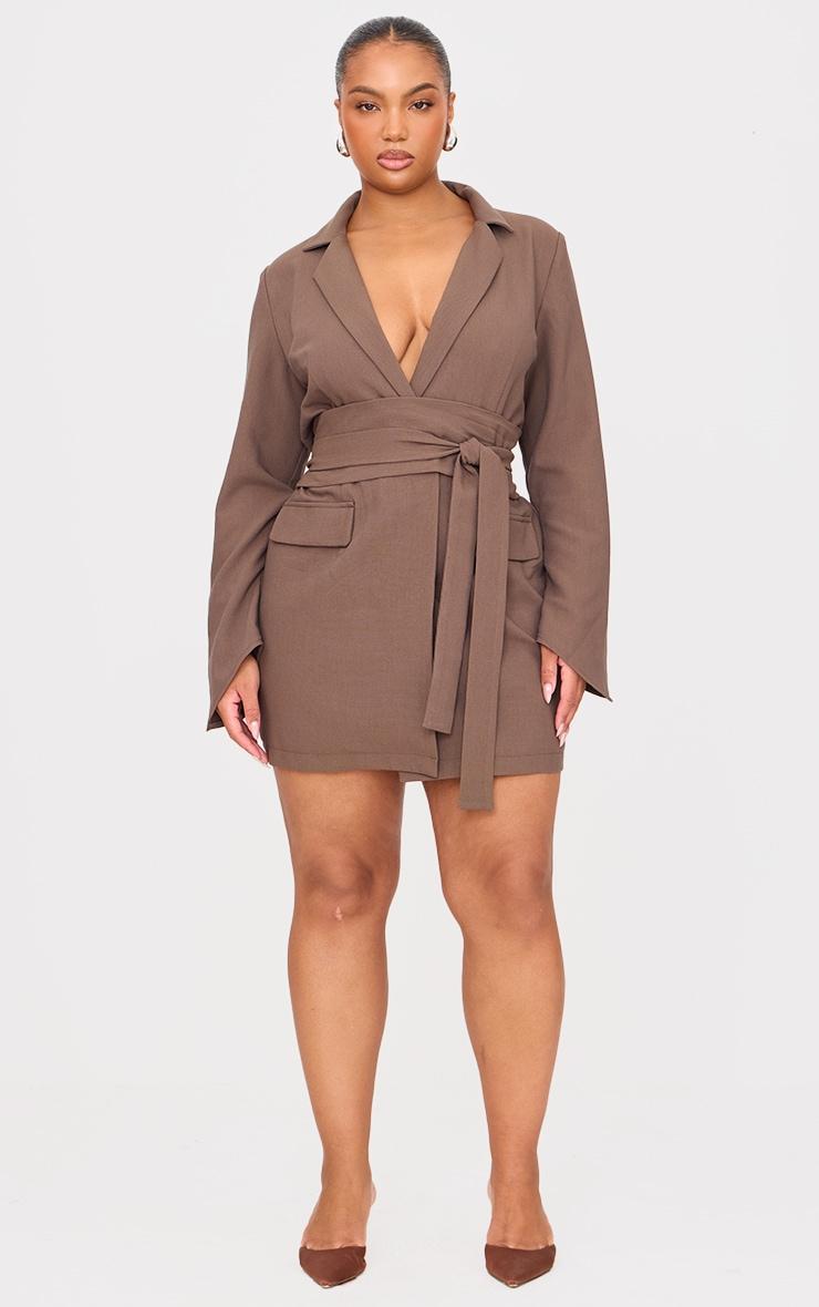 Plus Chocolate Woven Belted Blazer Dress Product Image