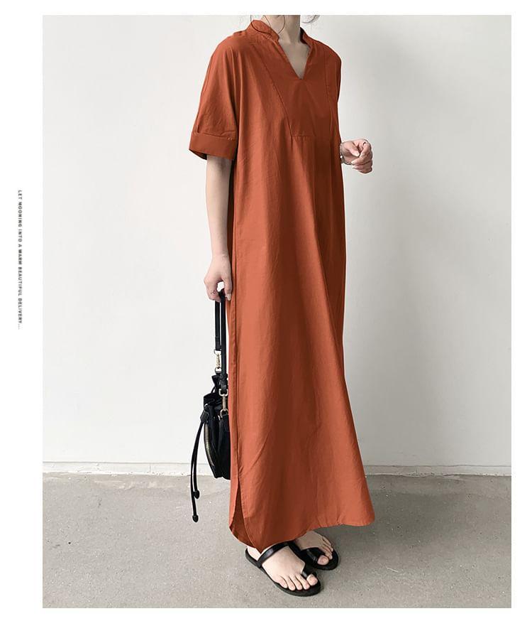 Elbow-Sleeve Stand Collar Plain Maxi Tunic Dress Product Image