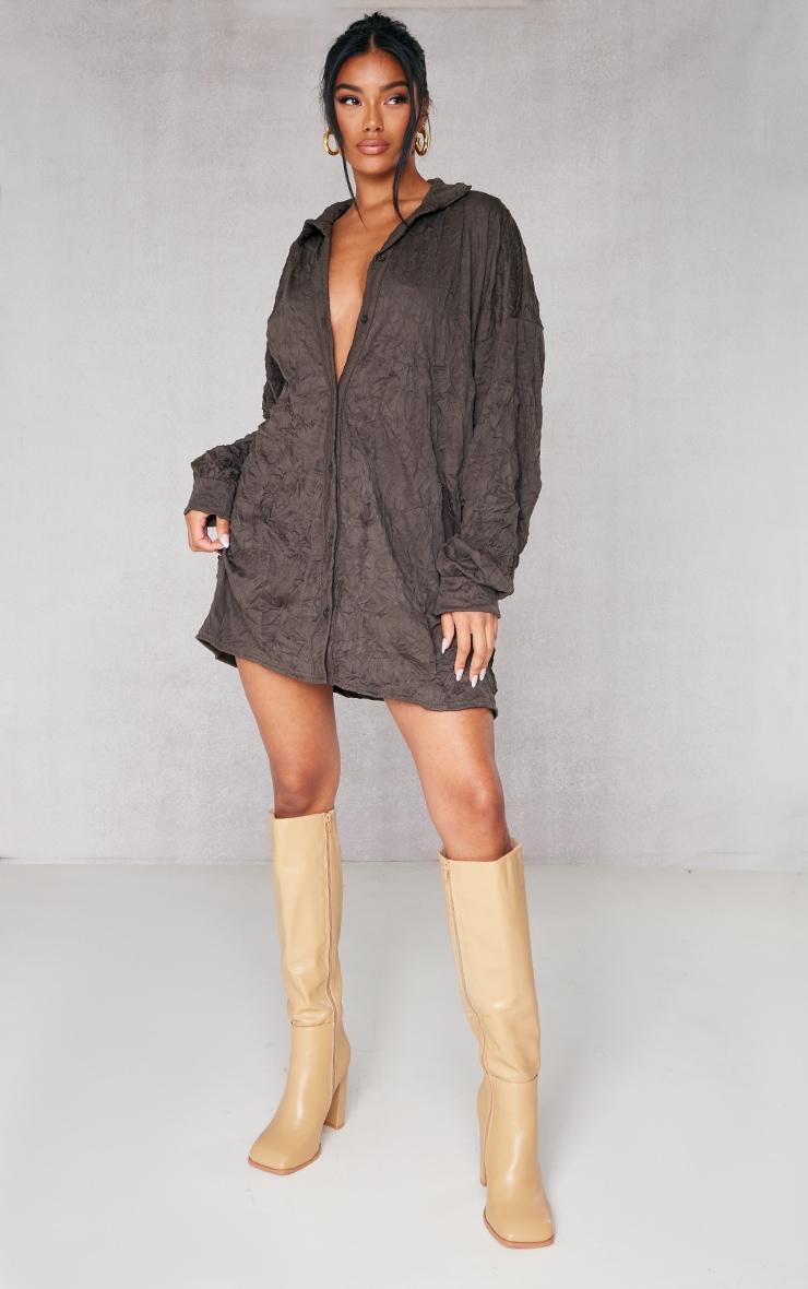 Khaki Crushed Plisse Oversized Shirt Dress Product Image