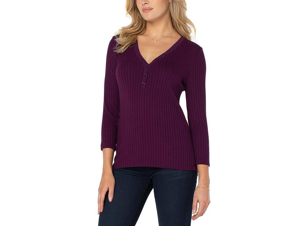 Liverpool 3/4 Sleeve Button Front Rib Knit Henley Top (Eggplant) Women's Clothing product image