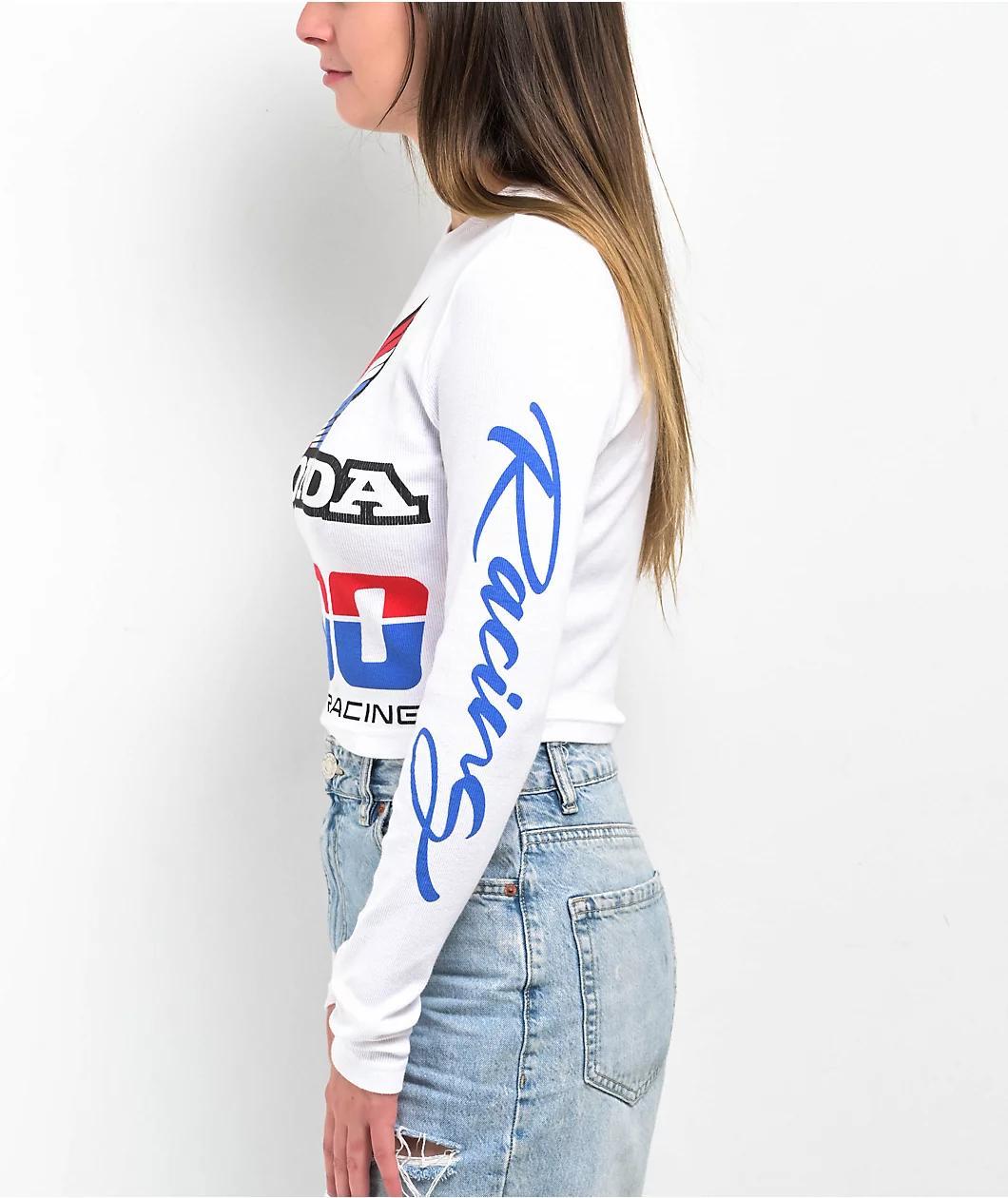 JT Racing x Honda Finish Line White Long Sleeve Crop T-Shirt Product Image