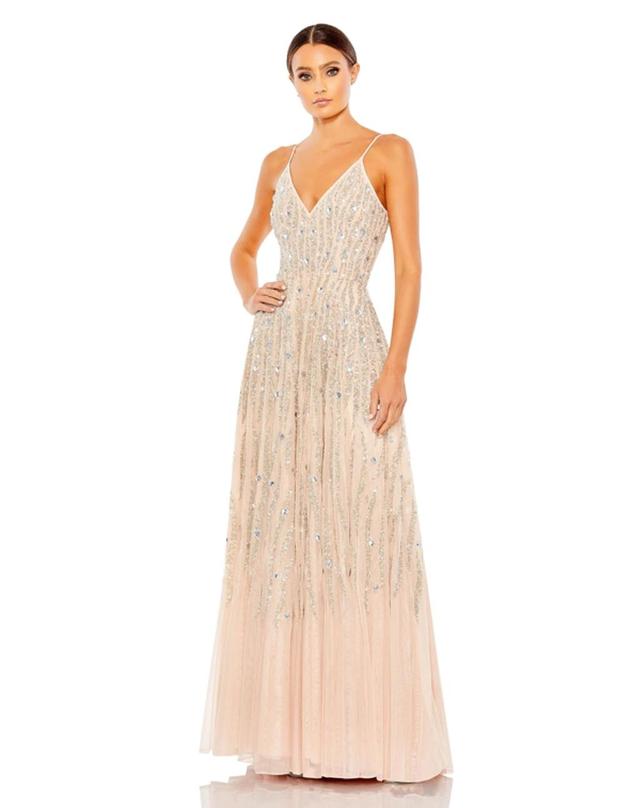 Embellished Tulle Spaghetti Strap Gown In Beige Product Image