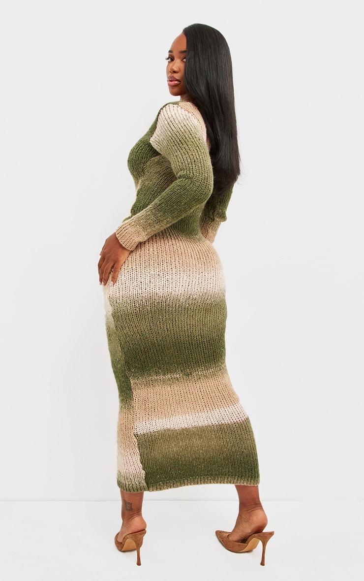 Shape Khaki Ombre Knit Plunge Ring Long Sleeve Midaxi Dress Product Image