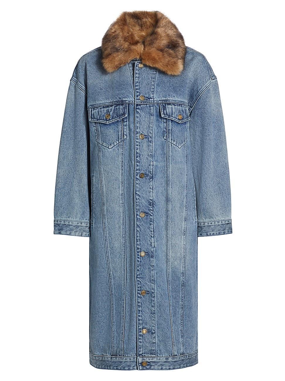 Womens Faux Fur-Trimmed Oversized Denim Coat product image