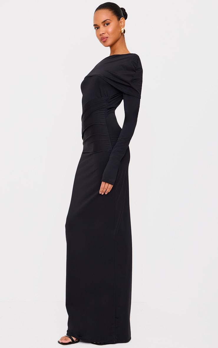  Black Matte Sculpt Fold Over Ruched Drape Maxi Dress Product Image