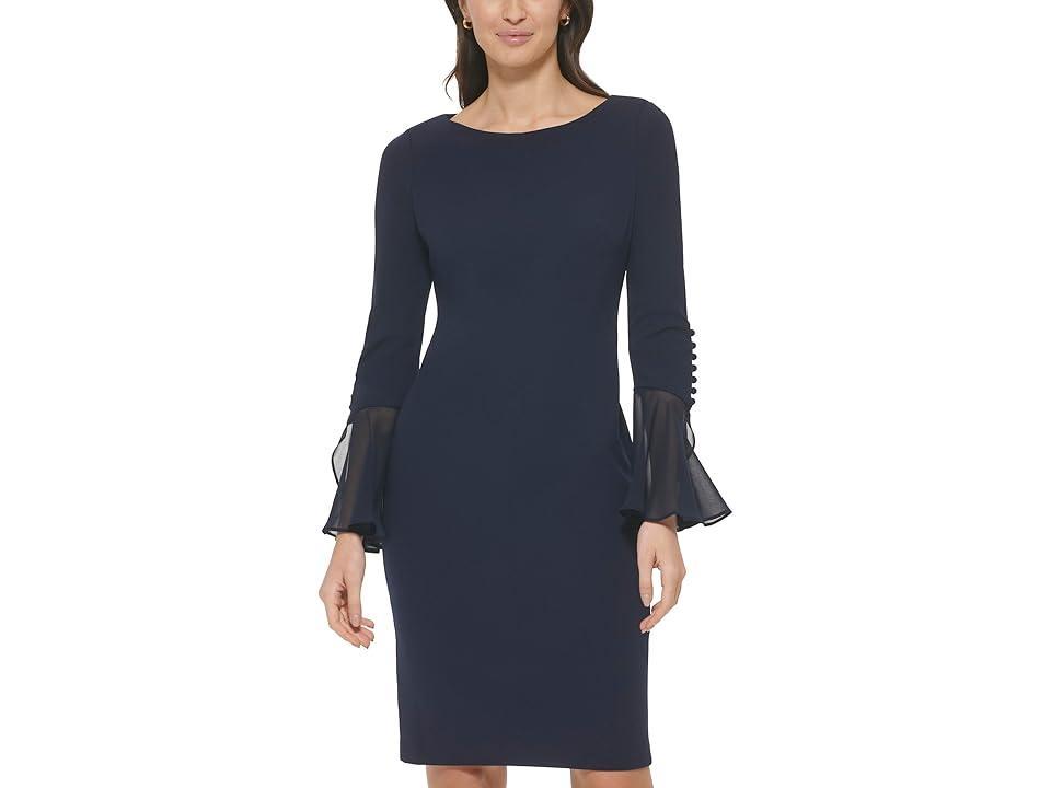 Calvin Klein Chiffon Long Sheer Bell Sleeve Round Neck Sheath Dress Product Image