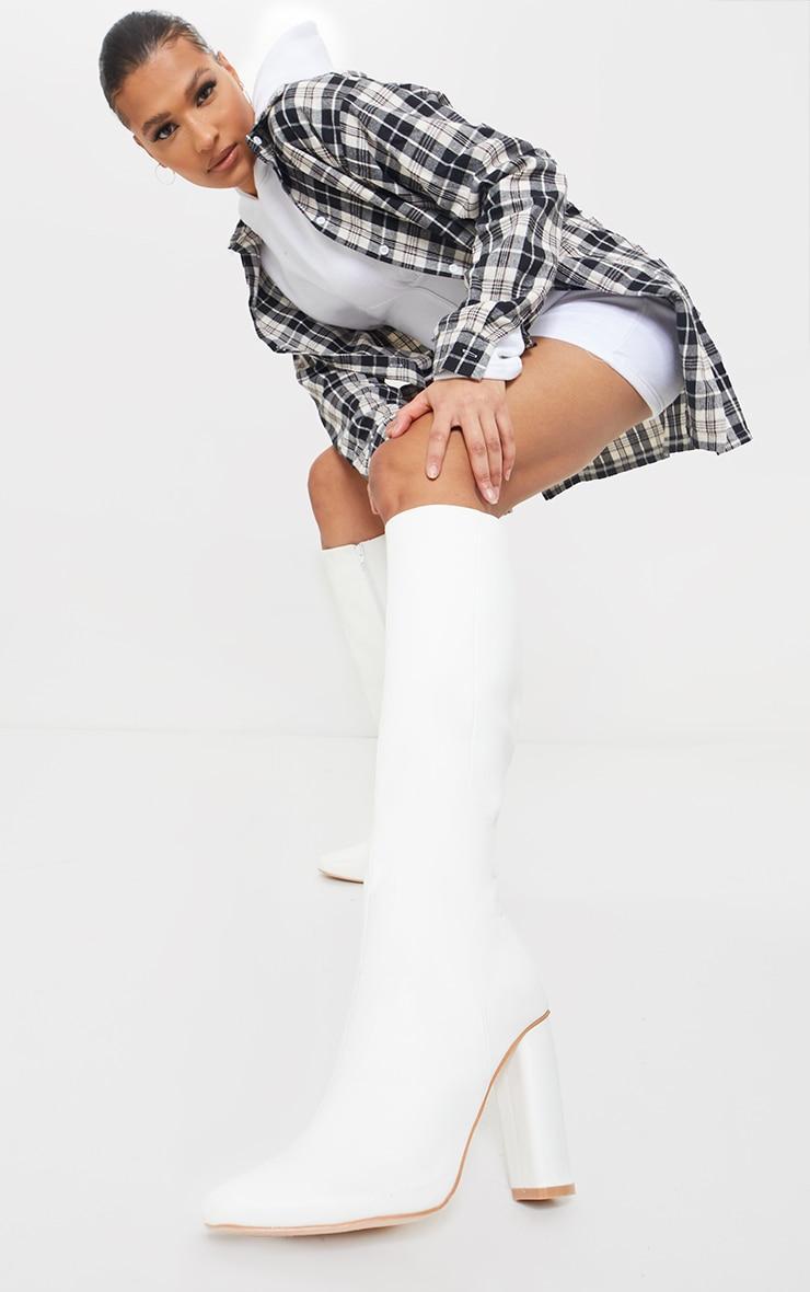 White Round Block Heel Knee High Boots product image