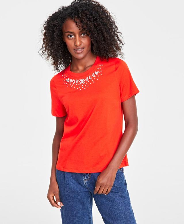 On 34th Womens Embellished-Neck T-Shirt, Created for Macys Product Image