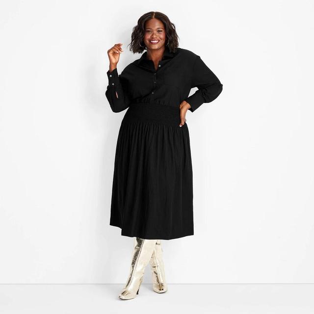 Womens Collared Long Sleeve Smocked Midi Shirtdress - Future Collective Black XXL Product Image