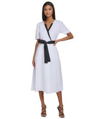 Women's Linen-Blend Puff-Sleeve Midi Dress Product Image