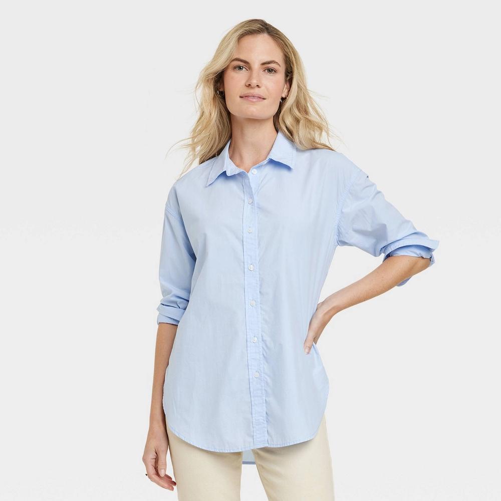 Womens Oversized Long Sleeve Collared Button-Down Shirt - Universal Thread Blue L Product Image