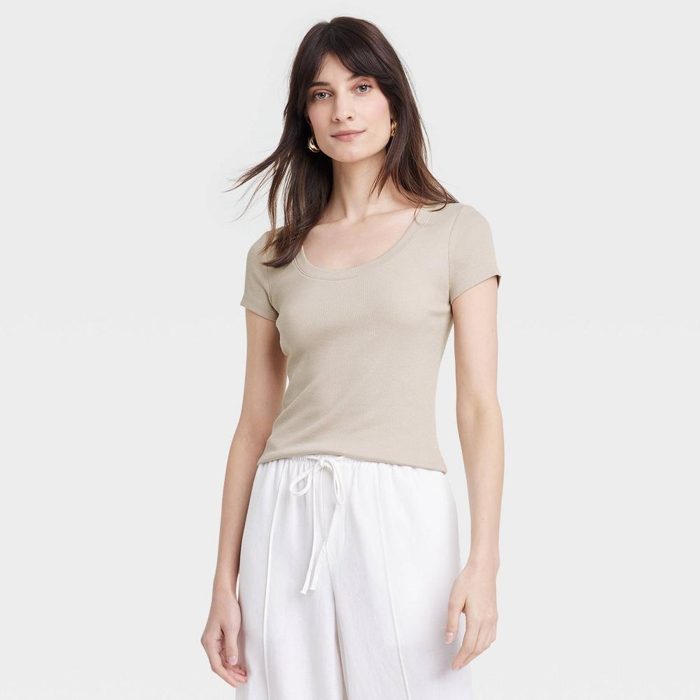 Womens Slim Fit Short Sleeve Ribbed Scoop Neck T-Shirt - A New Day Beige XS Product Image