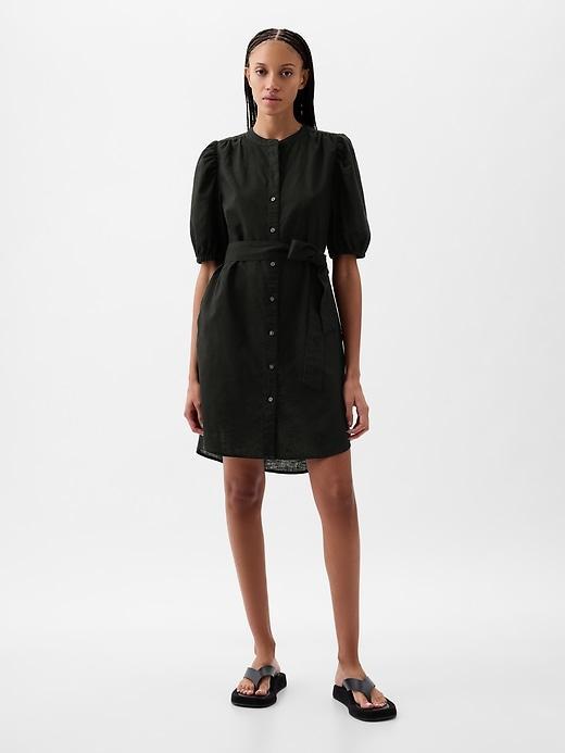 Linen-Cotton Puff-Sleeve Mini Shirtdress Product Image