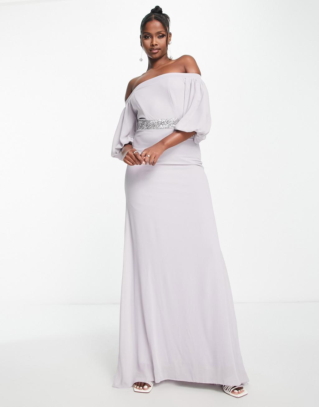 TFNC Bridesmaid bardot chiffon maxi dress with embellished waist in gray Product Image