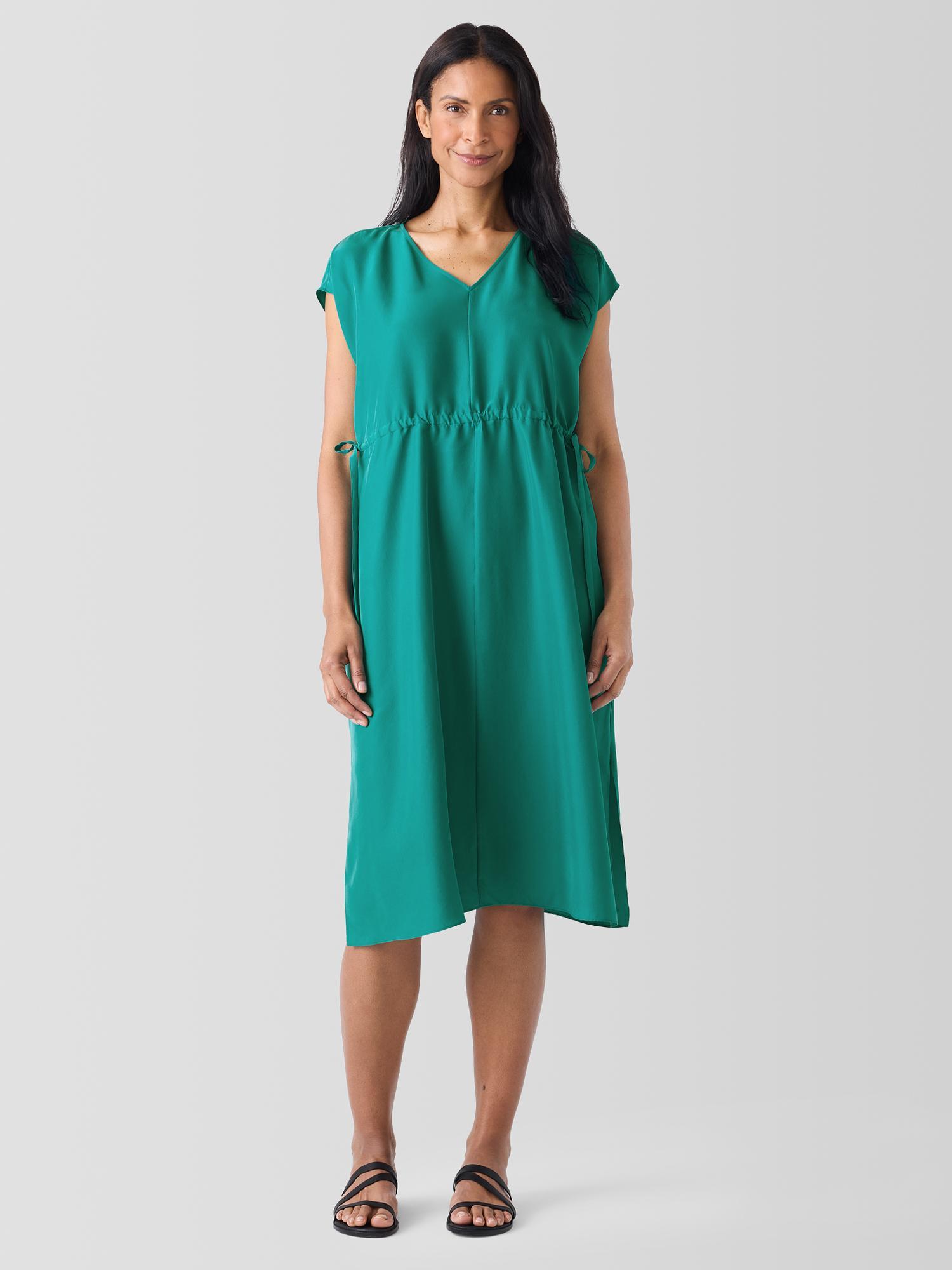 EILEEN FISHER Washed Silk V-Neck Dressfemale Product Image