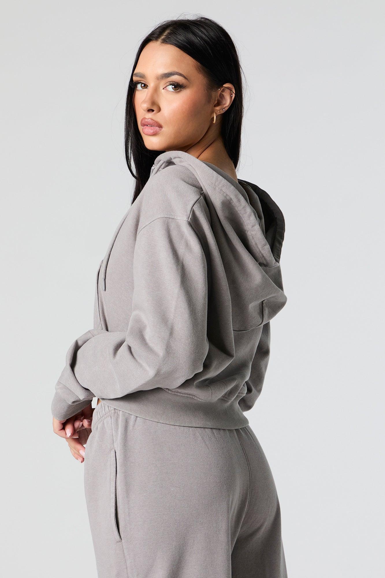 Fleece Washed Zip-Up Cropped Hoodie Female Product Image