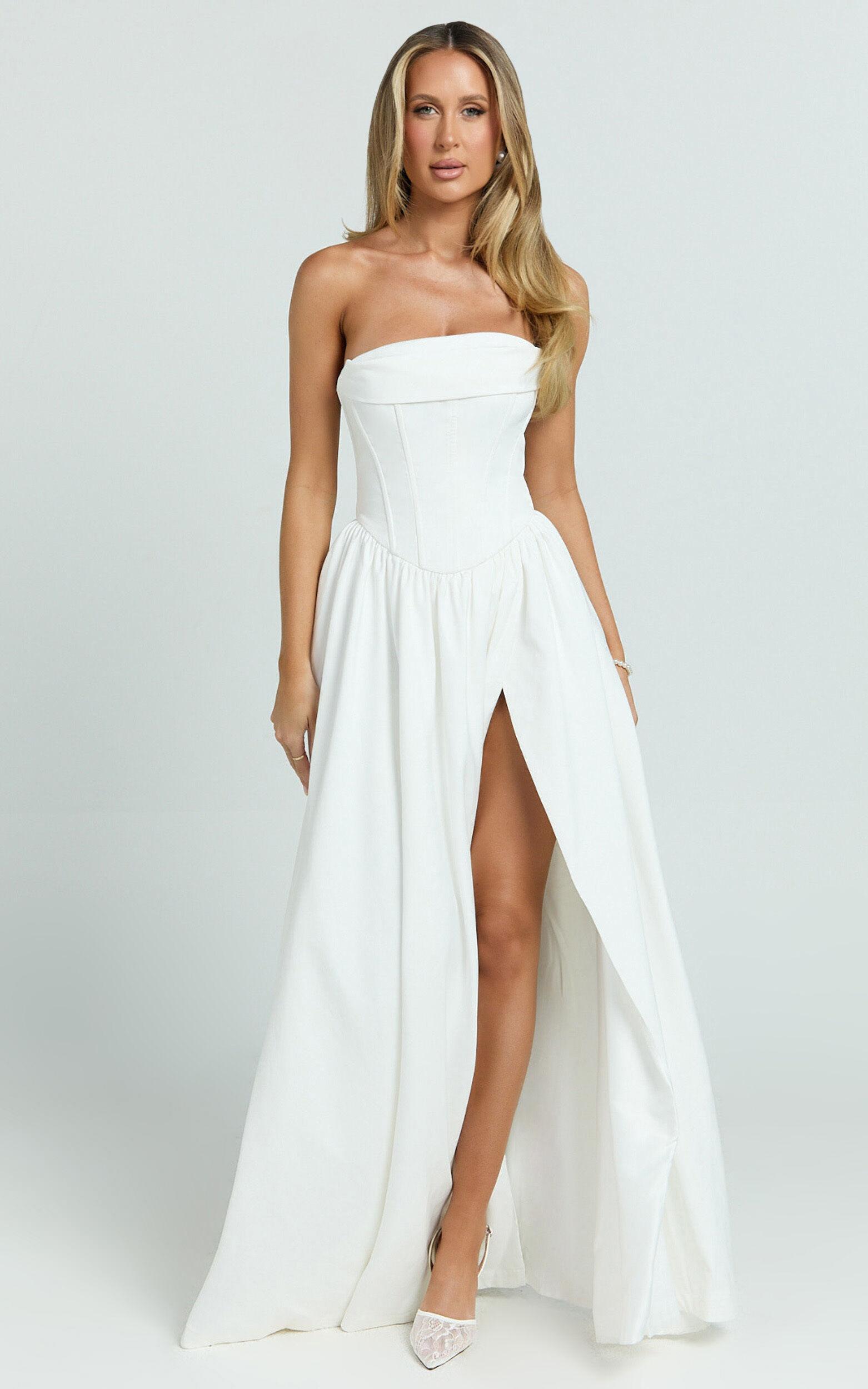 Jeannie Maxi Dress - Corset Panel High Split Dress in Off White Product Image