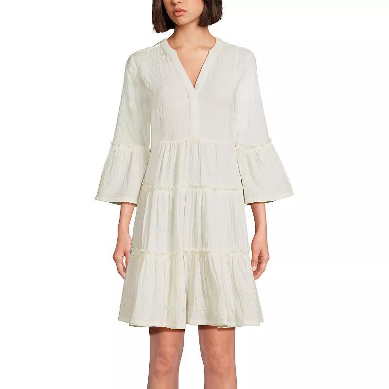 Womens Lands End Crinkly Gauze Tiered V-Neck Bell Sleeve Mini Dress Product Image