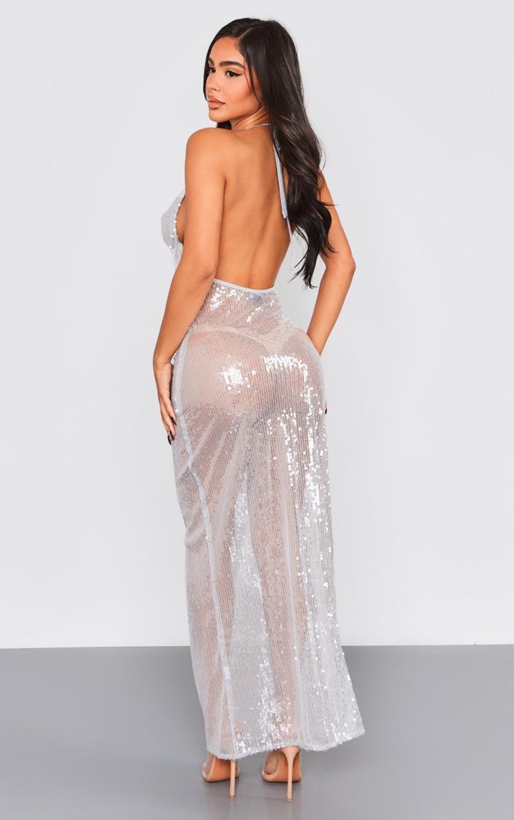 Petite Silver Sequin Backless Maxi Dress Product Image