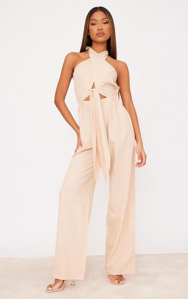 Stone Linen Cross Halter Detail Cut Out Jumpsuit Product Image