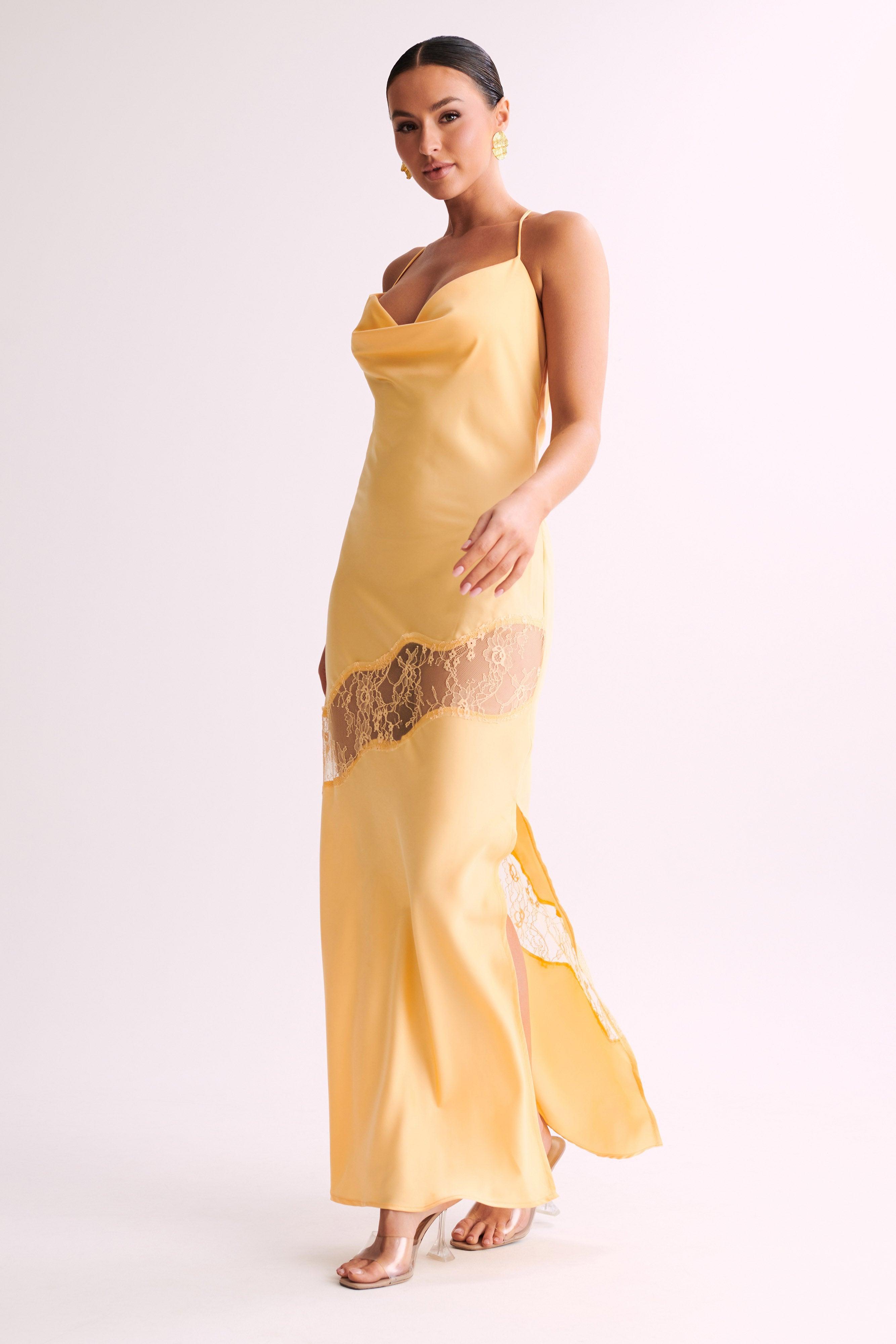 Chandra Lace Detail Satin Maxi Dress - Lemon Product Image