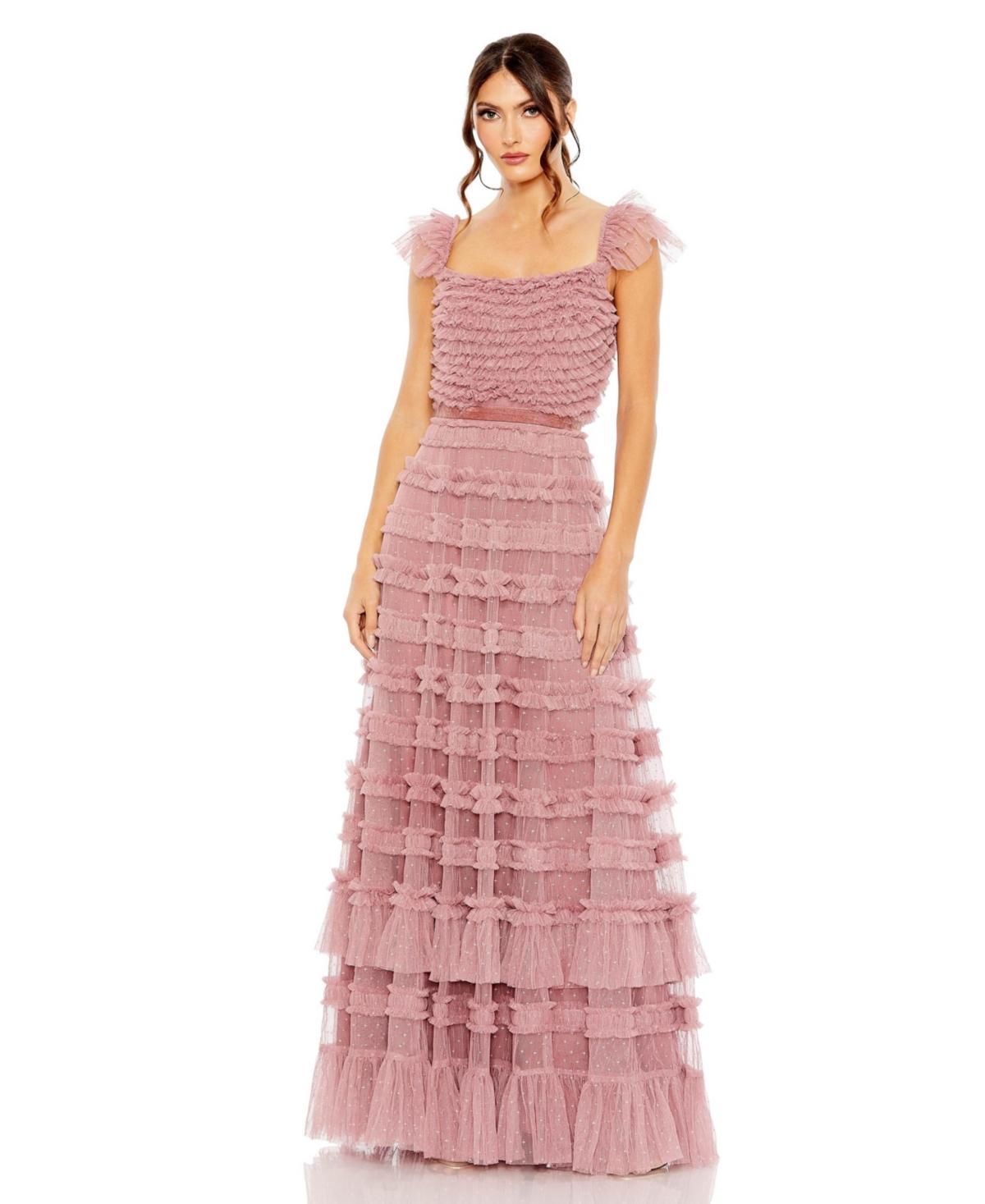 Ruffle Cap Sleeve Embellished Tiered Gown Product Image