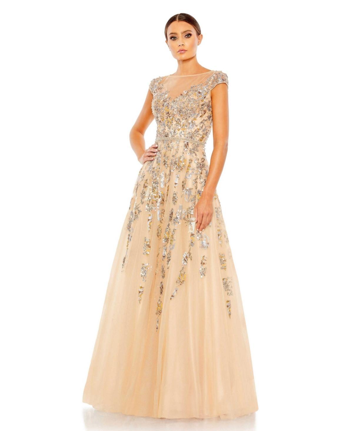 Embellished Cap Sleeve Cutout Back Gown Product Image