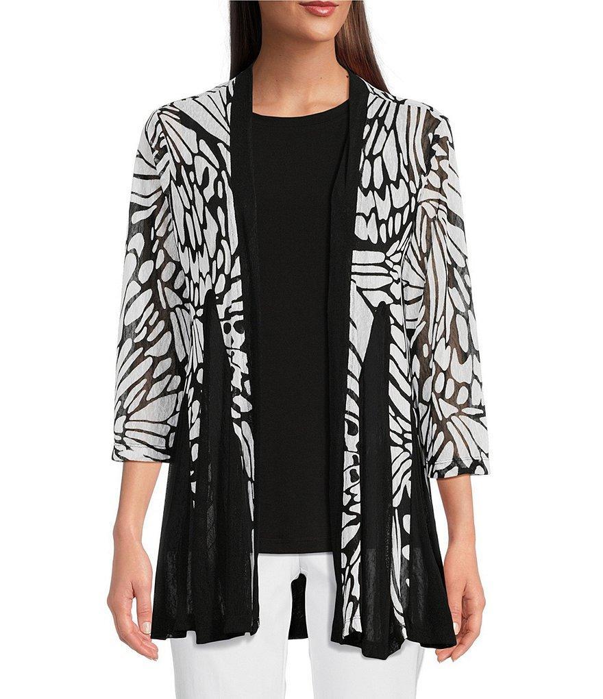 Ali Miles Butterfly Printed Woven Mesh 3/4 Sleeve Open Front Kimono Product Image