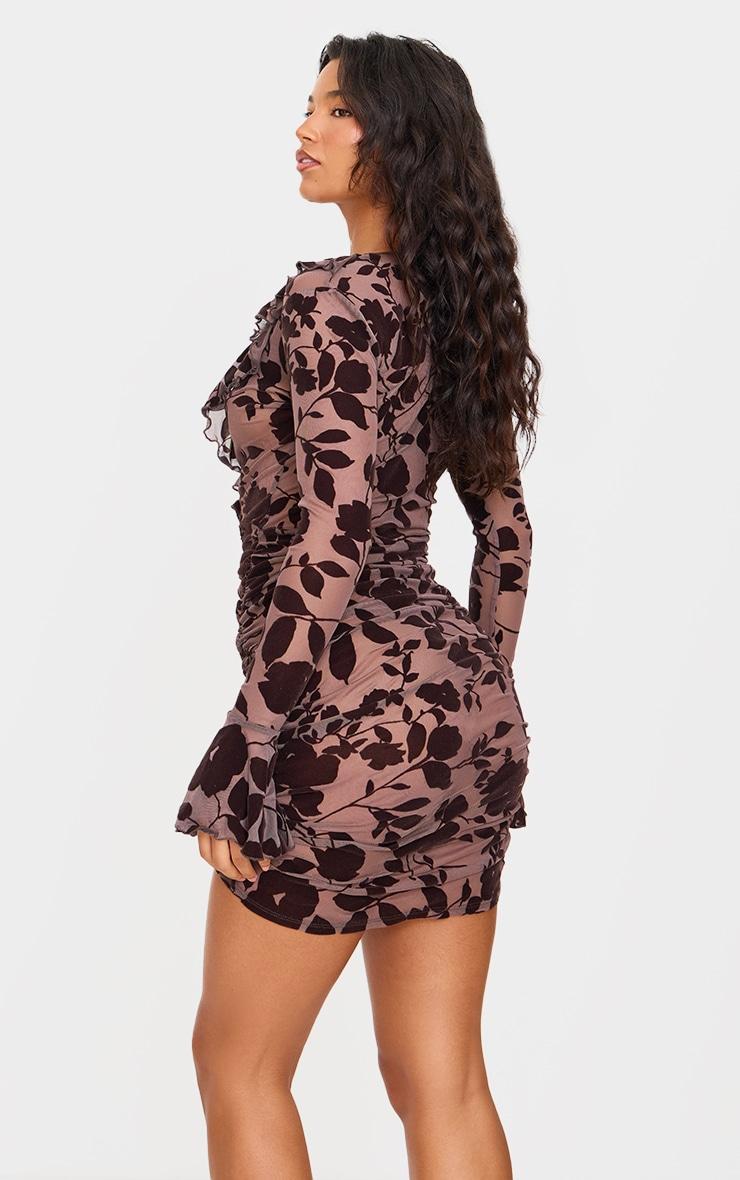 Dark Chocolate Floral Flocked Frill Detail Ruched Bodycon Dress Product Image