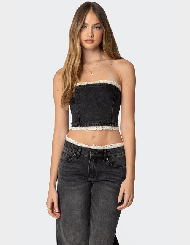 EDIKTED Karlie Lace Trim Denim Tube Top Product Image