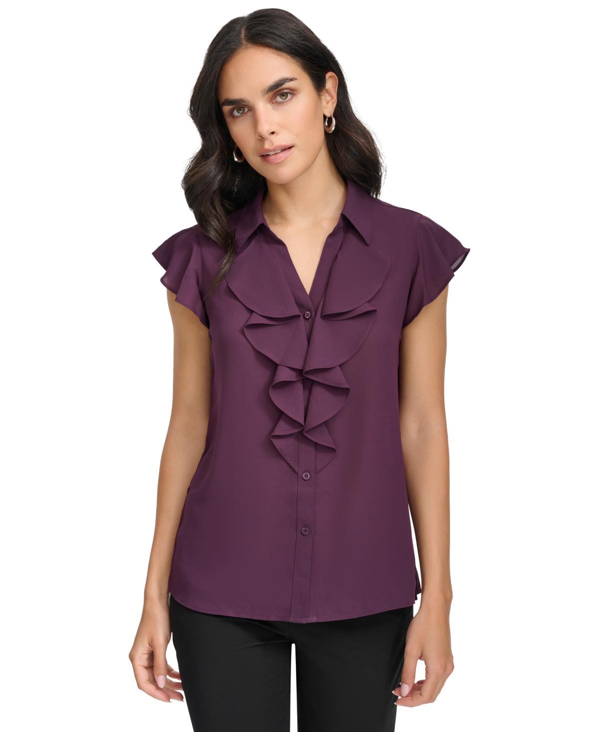 Calvin Klein Womens Collared Ruffled Short-Sleeve Blouse Product Image