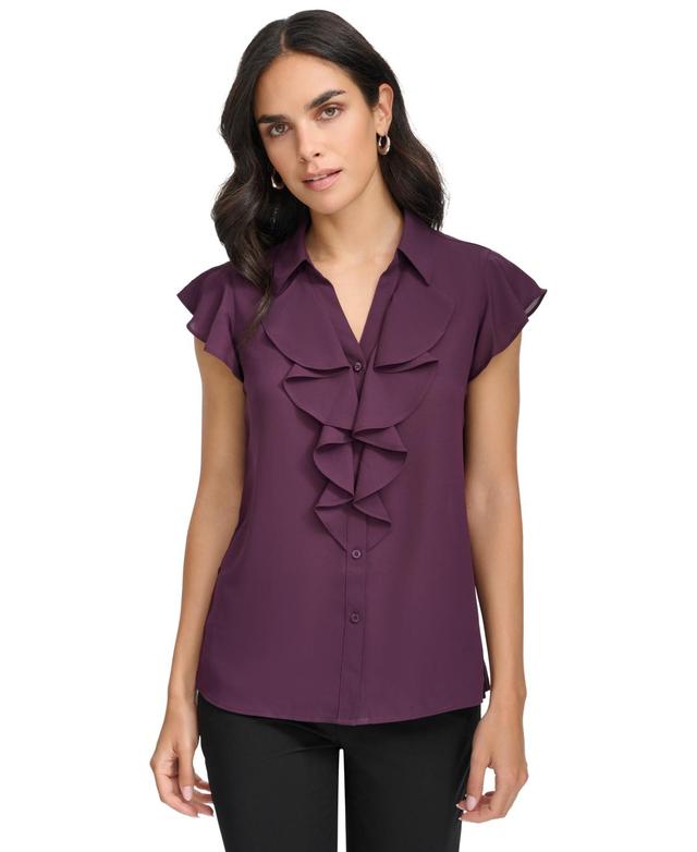 Calvin Klein Womens Collared Ruffled Short-Sleeve Blouse Product Image