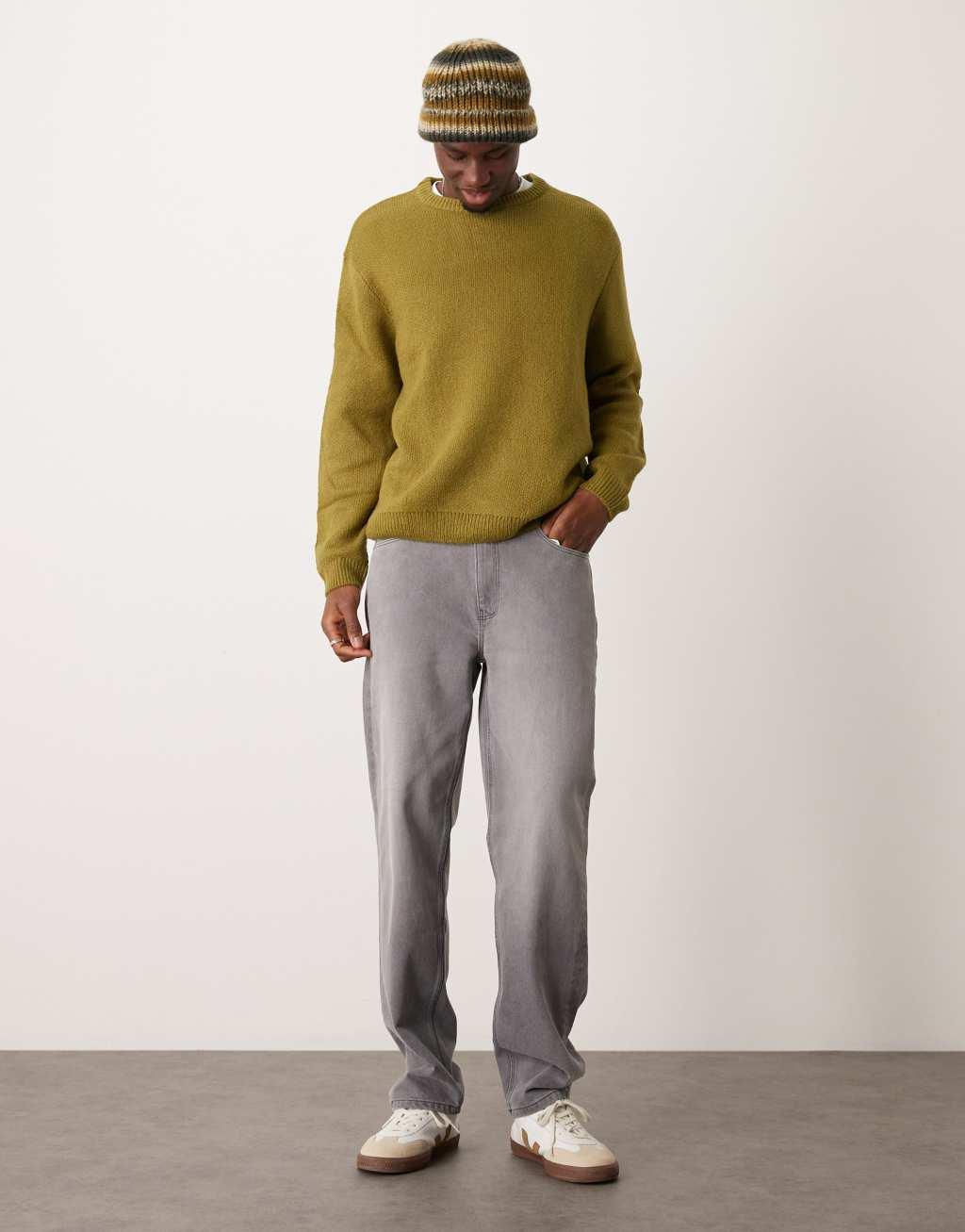 ASOS DESIGN oversized knit brushed crew neck sweater in khaki Product Image