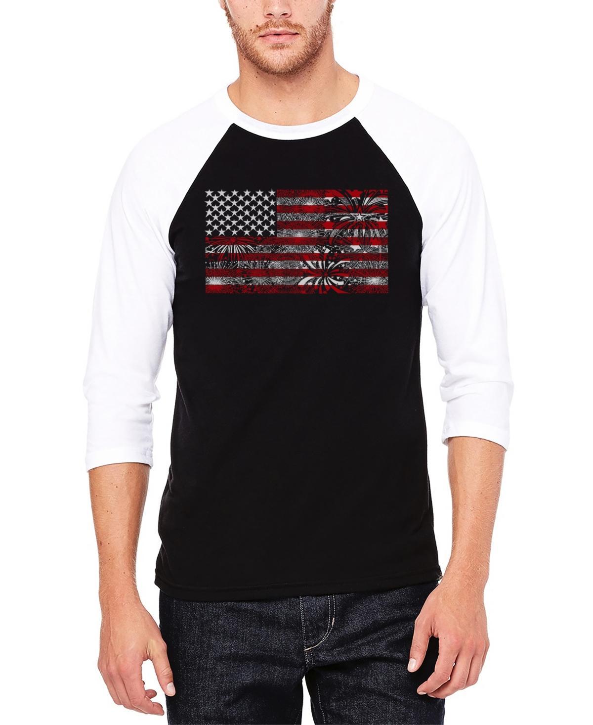 La Pop Art Mens Raglan Baseball Word Art Fireworks American Flag T-shirt - Black Product Image